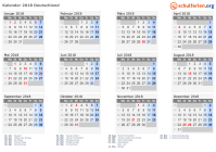 Kalender 2018 mit Ferien und Feiertagen Deutschland