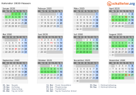 Kalender 2020 mit Ferien und Feiertagen Hessen