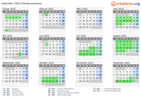 Kalender 2022 mit Ferien und Feiertagen Niedersachsen