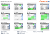 Kalender 2024 mit Ferien und Feiertagen Hamburg