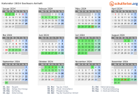 Kalender 2024 mit Ferien und Feiertagen Sachsen-Anhalt