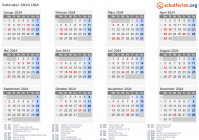 Kalender 2024 mit Ferien und Feiertagen USA