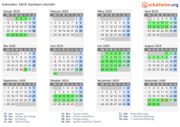 Kalender 2025 mit Ferien und Feiertagen Sachsen-Anhalt