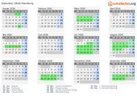 Kalender 2026 mit Ferien und Feiertagen Hamburg