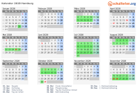 Kalender 2028 mit Ferien und Feiertagen Hamburg