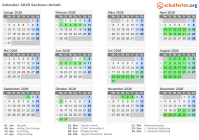 Kalender 2028 mit Ferien und Feiertagen Sachsen-Anhalt