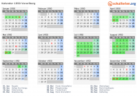 Kalender 1950 mit Ferien und Feiertagen Vorarlberg