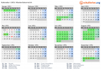 Kalender 1951 mit Ferien und Feiertagen Niederösterreich