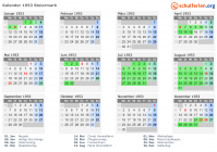 Kalender 1953 mit Ferien und Feiertagen Steiermark