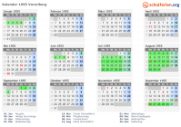 Kalender 1955 mit Ferien und Feiertagen Vorarlberg