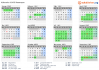 Kalender 1962 mit Ferien und Feiertagen Besançon