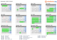 Kalender 1962 mit Ferien und Feiertagen Créteil