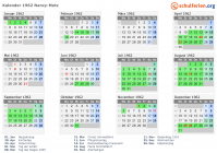 Kalender 1962 mit Ferien und Feiertagen Nancy-Metz
