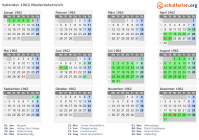 Kalender 1962 mit Ferien und Feiertagen Niederösterreich