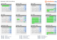 Kalender 1962 mit Ferien und Feiertagen Vorarlberg