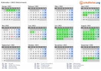 Kalender 1963 mit Ferien und Feiertagen Steiermark