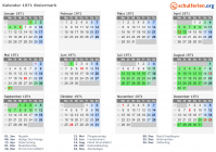 Kalender 1971 mit Ferien und Feiertagen Steiermark