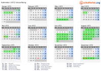 Kalender 1972 mit Ferien und Feiertagen Vorarlberg