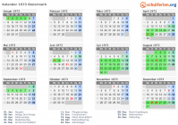 Kalender 1973 mit Ferien und Feiertagen Steiermark