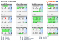 Kalender 1974 mit Ferien und Feiertagen Nancy-Metz