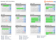 Kalender 1974 mit Ferien und Feiertagen Vorarlberg