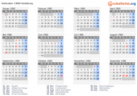 Kalender 1980 mit Ferien und Feiertagen Salzburg