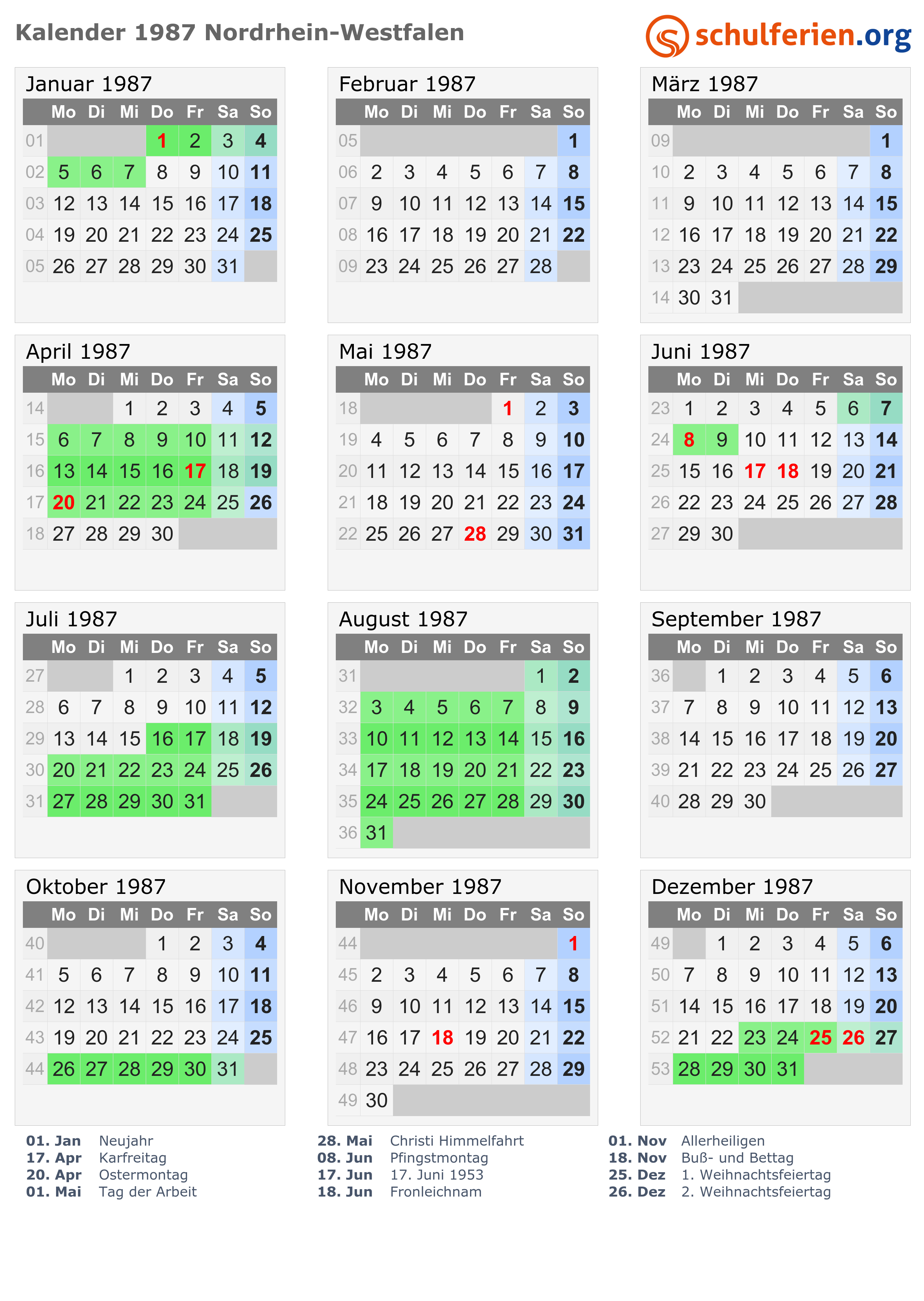 Kalender 1987 + Ferien Nordrhein-Westfalen, Feiertage