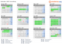 Kalender 1987 mit Ferien und Feiertagen Vorarlberg