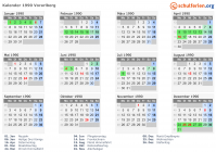 Kalender 1990 mit Ferien und Feiertagen Vorarlberg