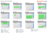 Kalender 1992 mit Ferien und Feiertagen Vorarlberg