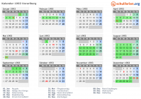 Kalender 1993 mit Ferien und Feiertagen Vorarlberg