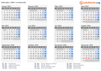 Kalender 2001 mit Ferien und Feiertagen Lombardei