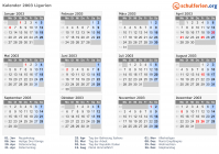 Kalender 2003 mit Ferien und Feiertagen Ligurien