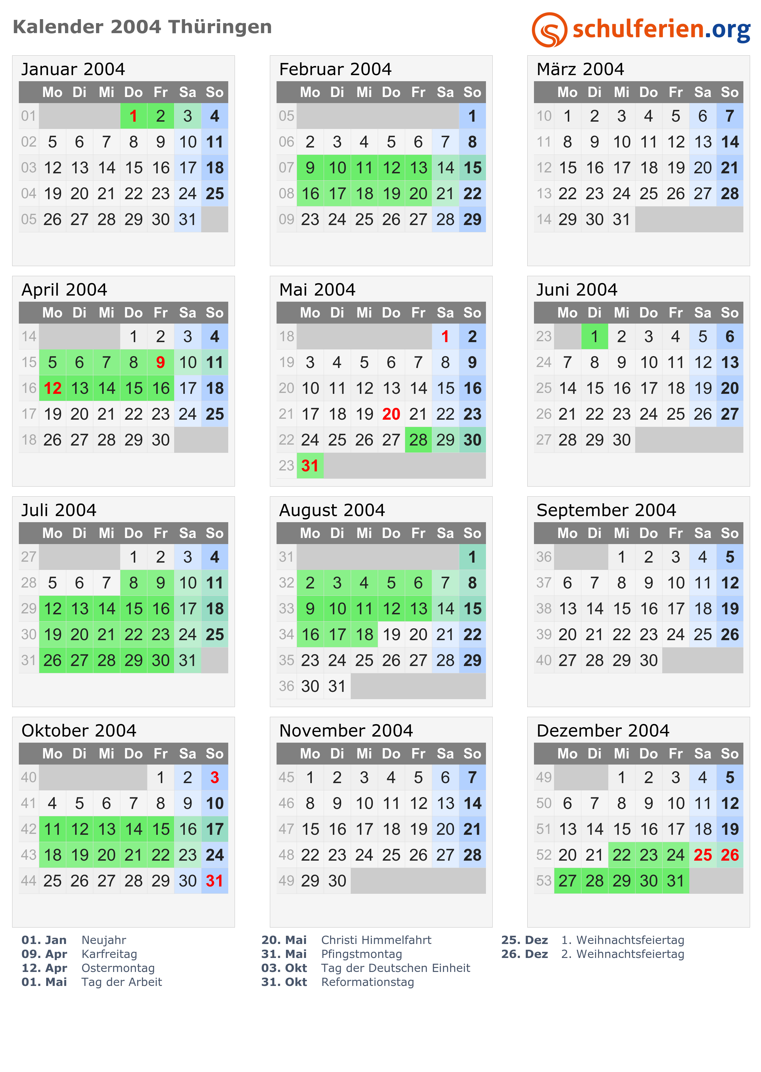 Kalender 2004 Ferien Thuringen Feiertage