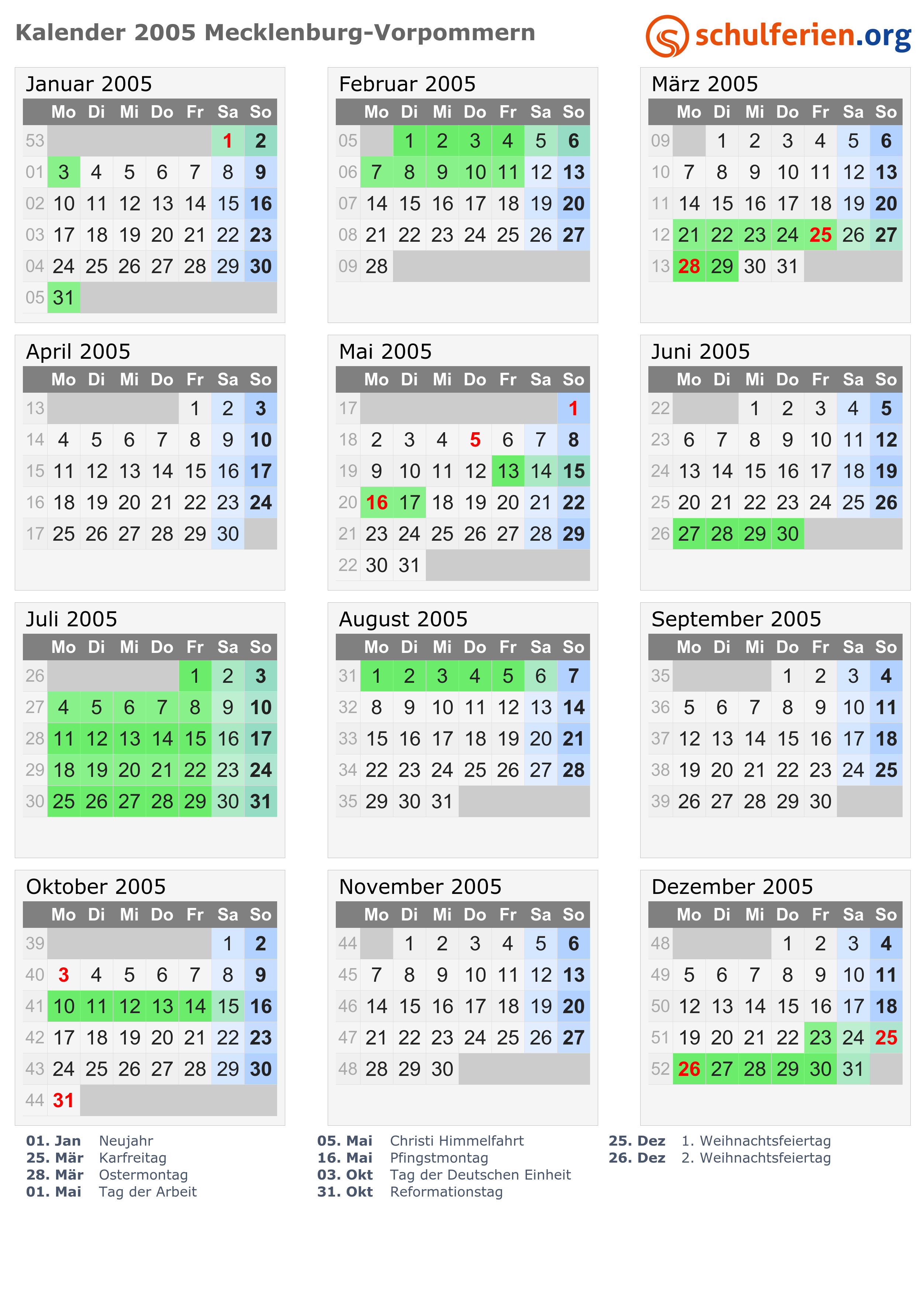 Kalender 2005 Ferien Mecklenburg Vorpommern Feiertage