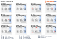 Kalender 2010 mit Ferien und Feiertagen Liberia