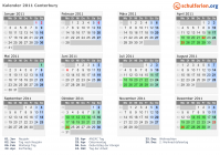 Kalender 2011 mit Ferien und Feiertagen Canterbury