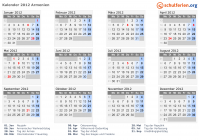 Kalender 2012 mit Ferien und Feiertagen Armenien