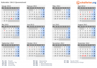 Kalender 2012 mit Ferien und Feiertagen Queensland