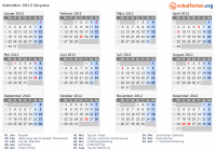 Kalender 2012 mit Ferien und Feiertagen Guyana