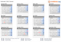 Kalender 2012 mit Ferien und Feiertagen Jemen