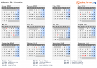Kalender 2012 mit Ferien und Feiertagen Lesotho