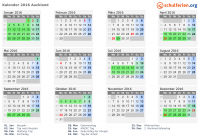 Kalender 2016 mit Ferien und Feiertagen Auckland
