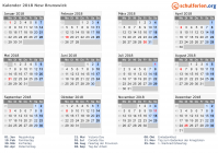 Kalender 2018 mit Ferien und Feiertagen New Brunswick