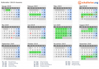 Kalender 2019 mit Ferien und Feiertagen Assens