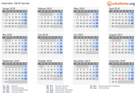 Kalender 2019 mit Ferien und Feiertagen Syrien