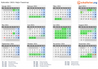 Kalender 2021 mit Ferien und Feiertagen Høje-Taastrup