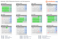 Kalender 2022 mit Ferien und Feiertagen Föderation Bosnien und Herzegowina