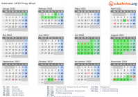Kalender 2022 mit Ferien und Feiertagen Prag-West
