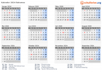 Kalender  mit Ferien und Feiertagen Bahamas